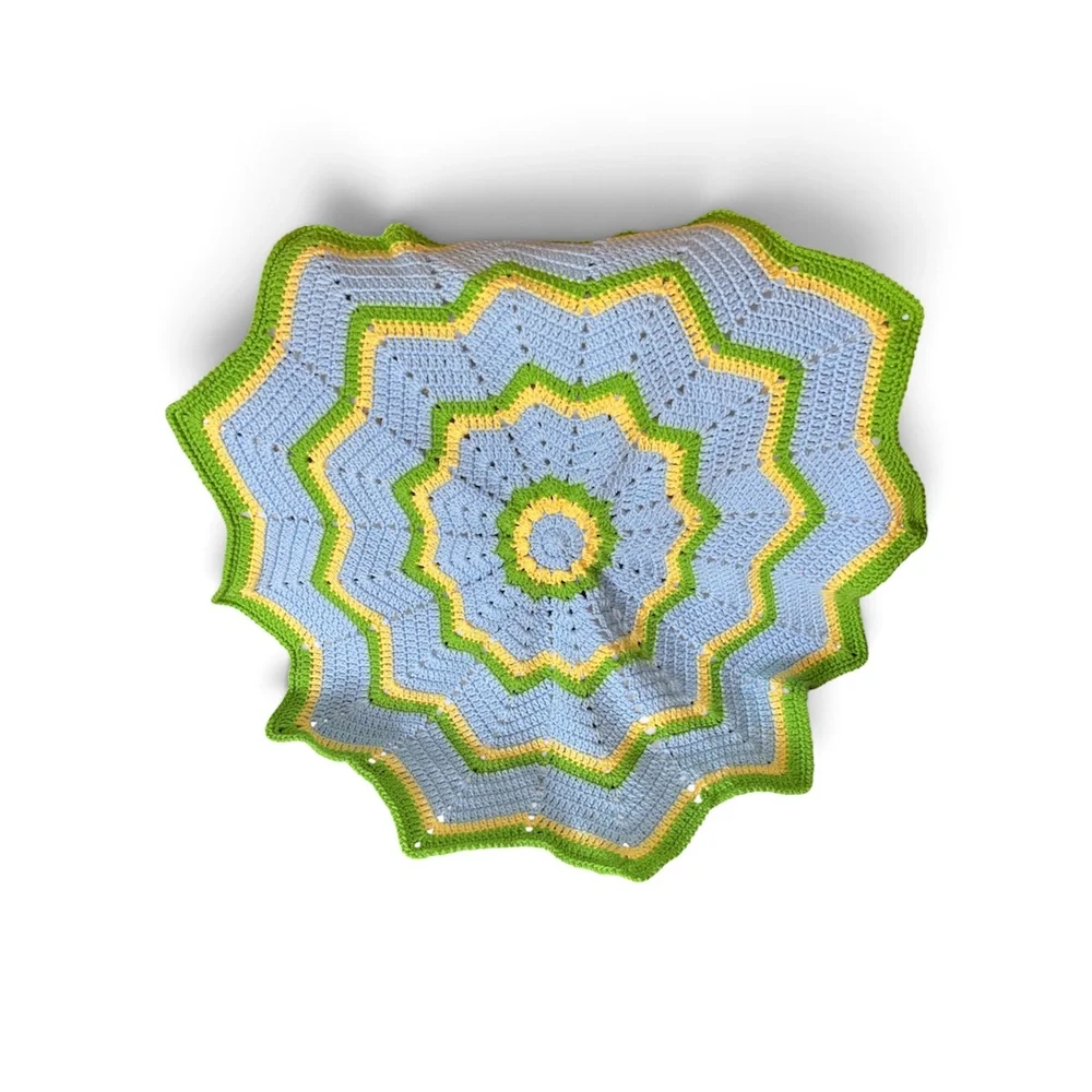 Handmade 12 Point Star Crochet Baby Blanket Afghan Multi-Color Blue Yellow Green